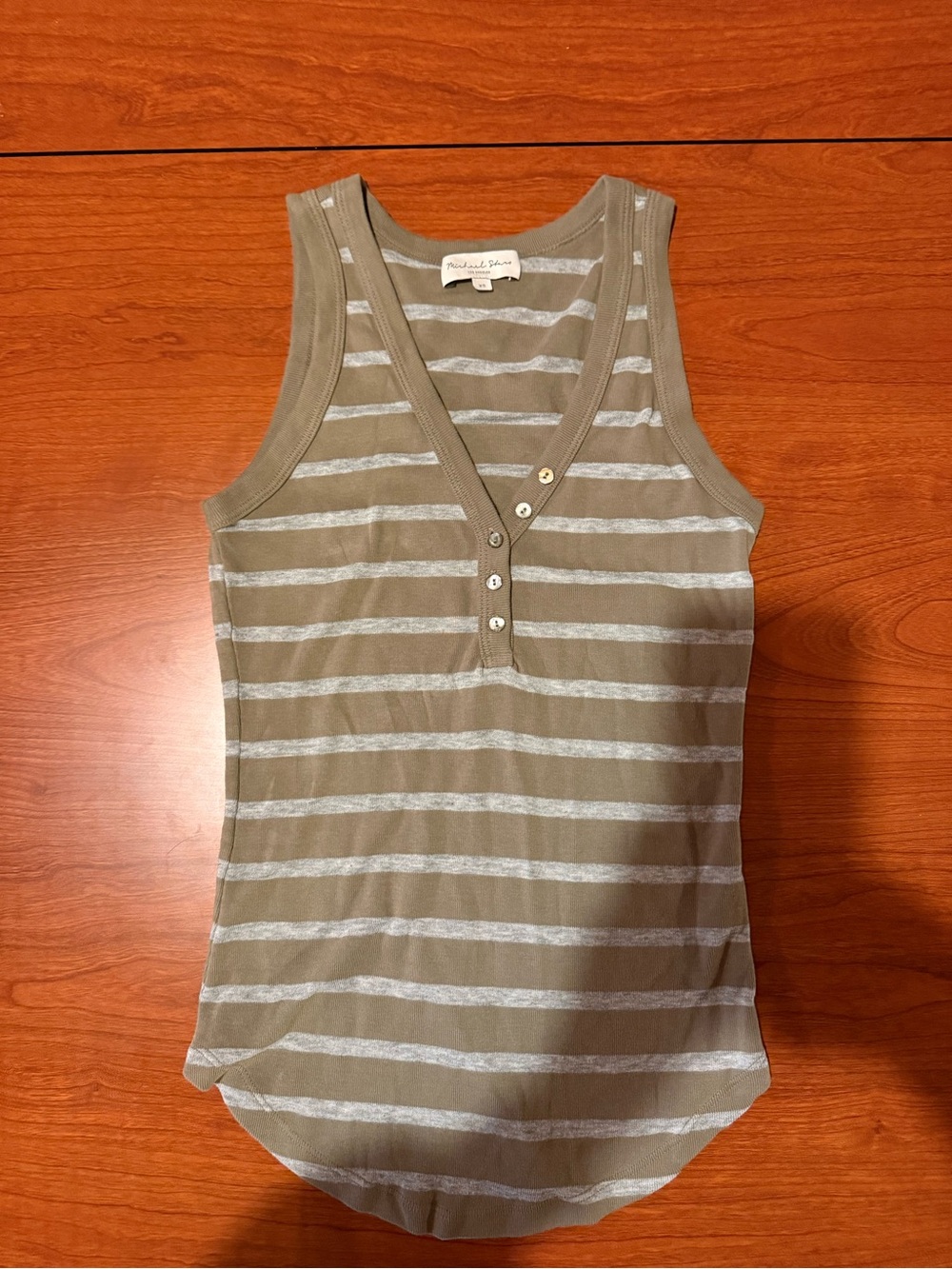 Michael Stars Olive and Light Gray Striped Henley Tank